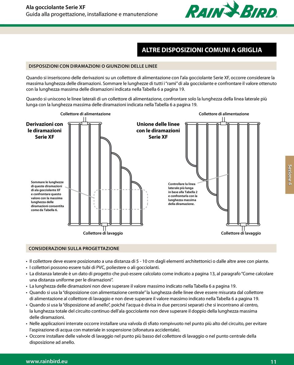 Sommare le lunghezze di tutti i rami di ala gocciolante e confrontare il valore ottenuto con la lunghezza massima delle diramazioni indicata nella Tabella 6 a pagina 19.