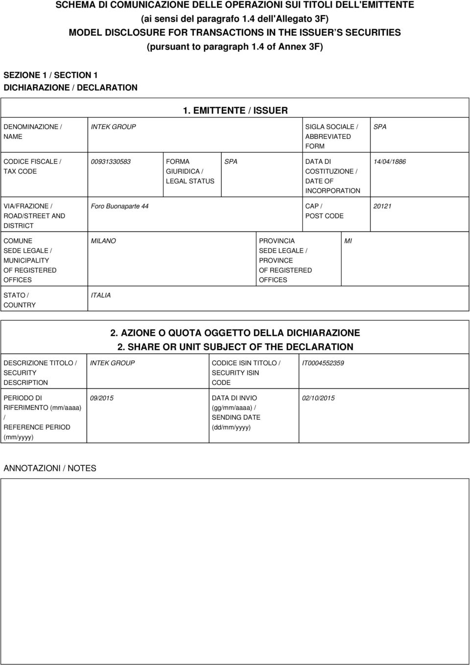 EMITTENTE / ISSUER DENOMINAZIONE / NAME INTEK GROUP SIGLA SOCIALE / ABBREVIATED FORM CODICE FISCALE / TAX CODE 00931330583 FORMA GIURIDICA / LEGAL STATUS DATA DI COSTITUZIONE / DATE OF INCORPORATION