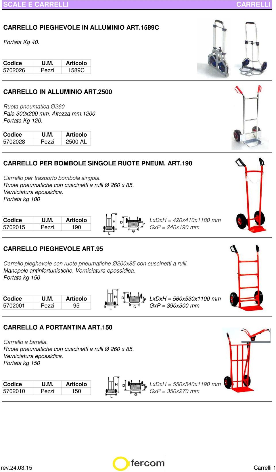 Portata kg 100 LxDxH = 420x410x1180 mm 5702015 Pezzi 190 GxP = 240x190 mm CARRELLO PIEGHEVOLE ART.