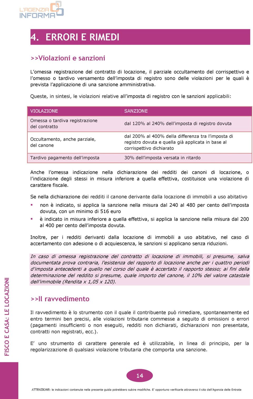 Queste, in sintesi, le violazioni relative all imposta di registro con le sanzioni applicabili: VIOLAZIONE Omessa o tardiva registrazione del contratto Occultamento, anche parziale, del canone