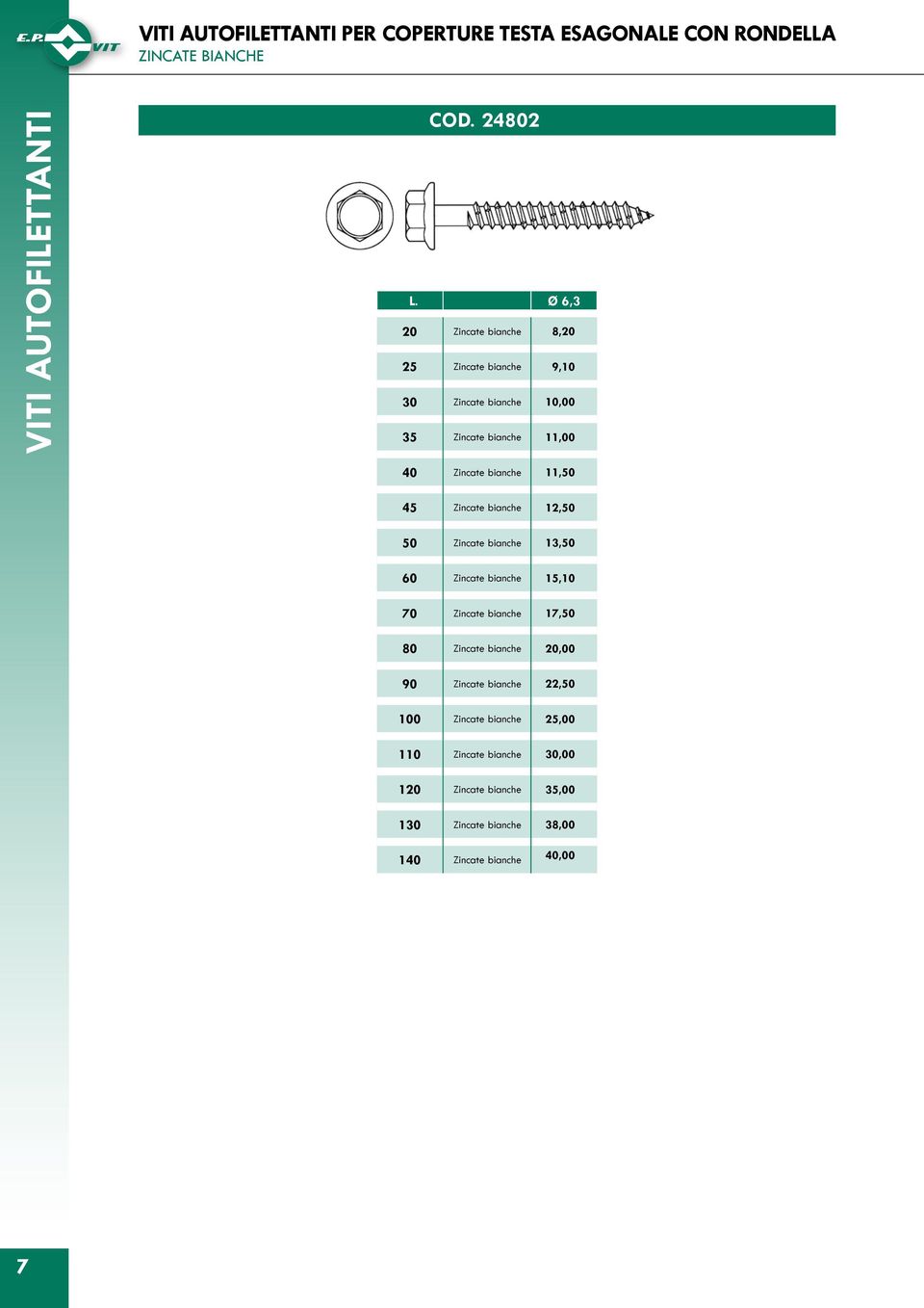 Ø 6,3 20 bianche 8,20 25 bianche 9,10 30 bianche 10,00 35 bianche 11,00 40 bianche 11,50 45