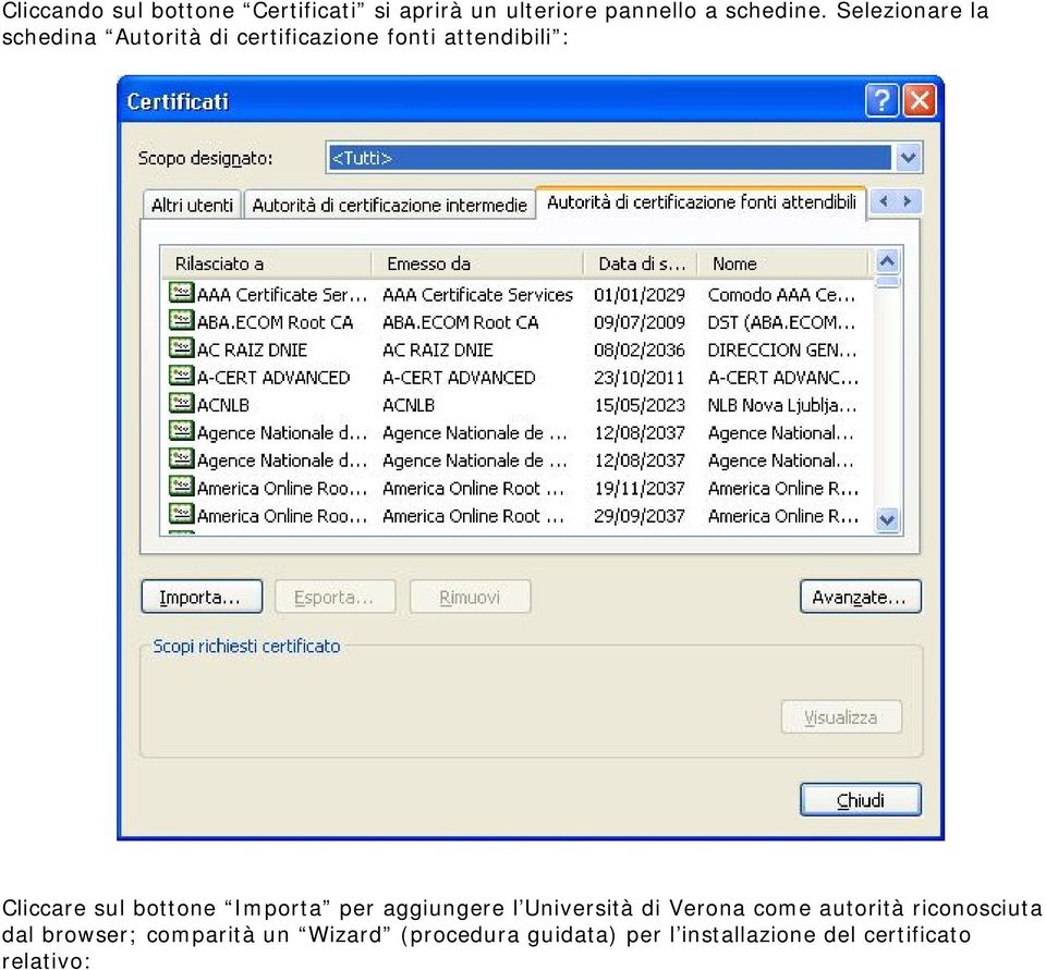 bottone Importa per aggiungere l Università di Verona come autorità riconosciuta dal