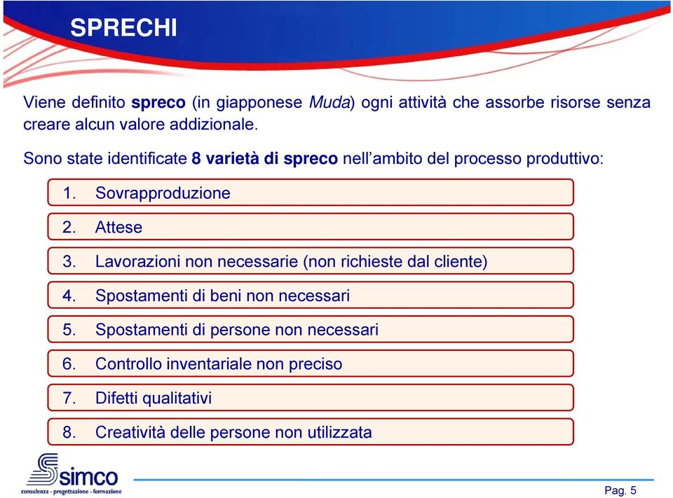 Attese 3. Lavorazioni non necessarie (non richieste dal cliente) 4. Spostamenti di beni non necessari 5.