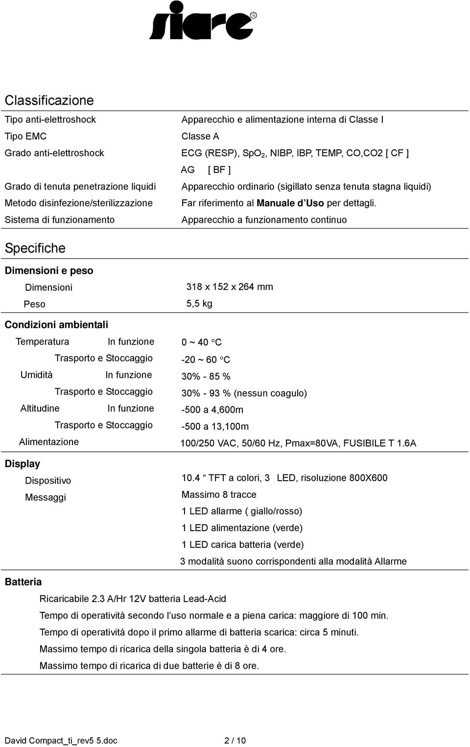 Sistema di funzionamento Apparecchio a funzionamento continuo Specifiche Dimensioni e peso Dimensioni Peso Condizioni ambientali Temperatura In funzione Trasporto e Stoccaggio Umidità In funzione