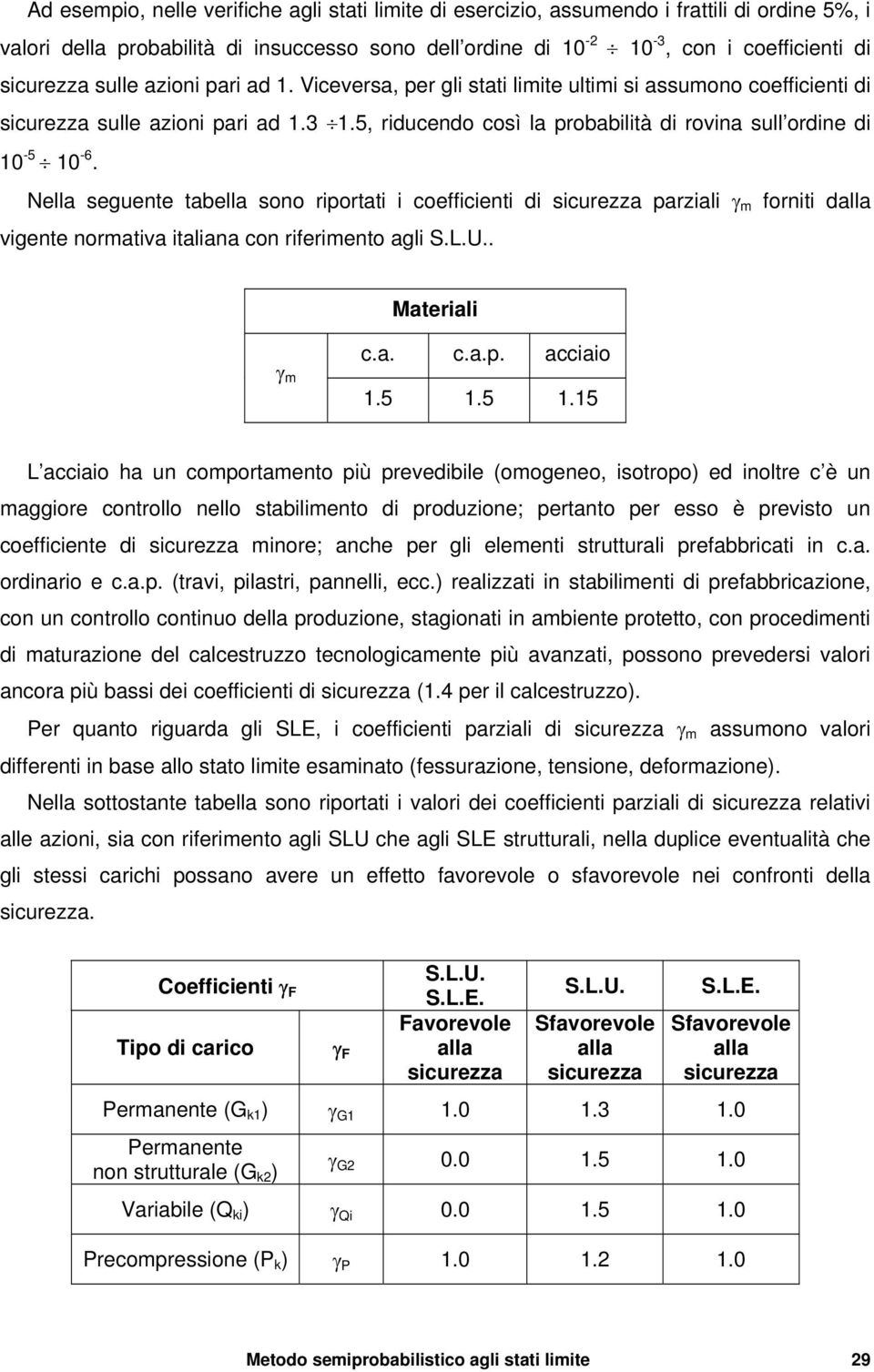 Nella seguete tabella soo riportati i coefficieti di parziali γ foriti d vigete orativa italiaa co riferieto agli S.L.U.. Materiali γ c.a. c.a.p. acciaio 1.5 1.