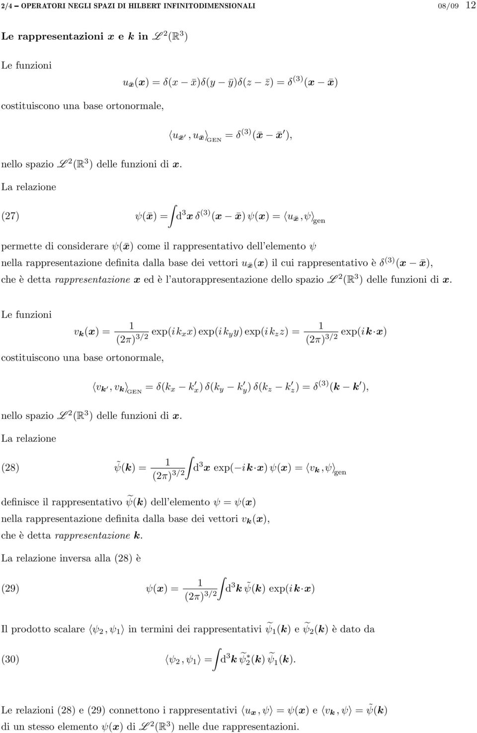 La relazione (27) ψ( x) = d 3 x δ (3) (x x) ψ(x) = u x,ψ gen permette di considerare ψ( x) come il rappresentativo dell elemento ψ nella rappresentazione definita dalla base dei vettori u x (x) il