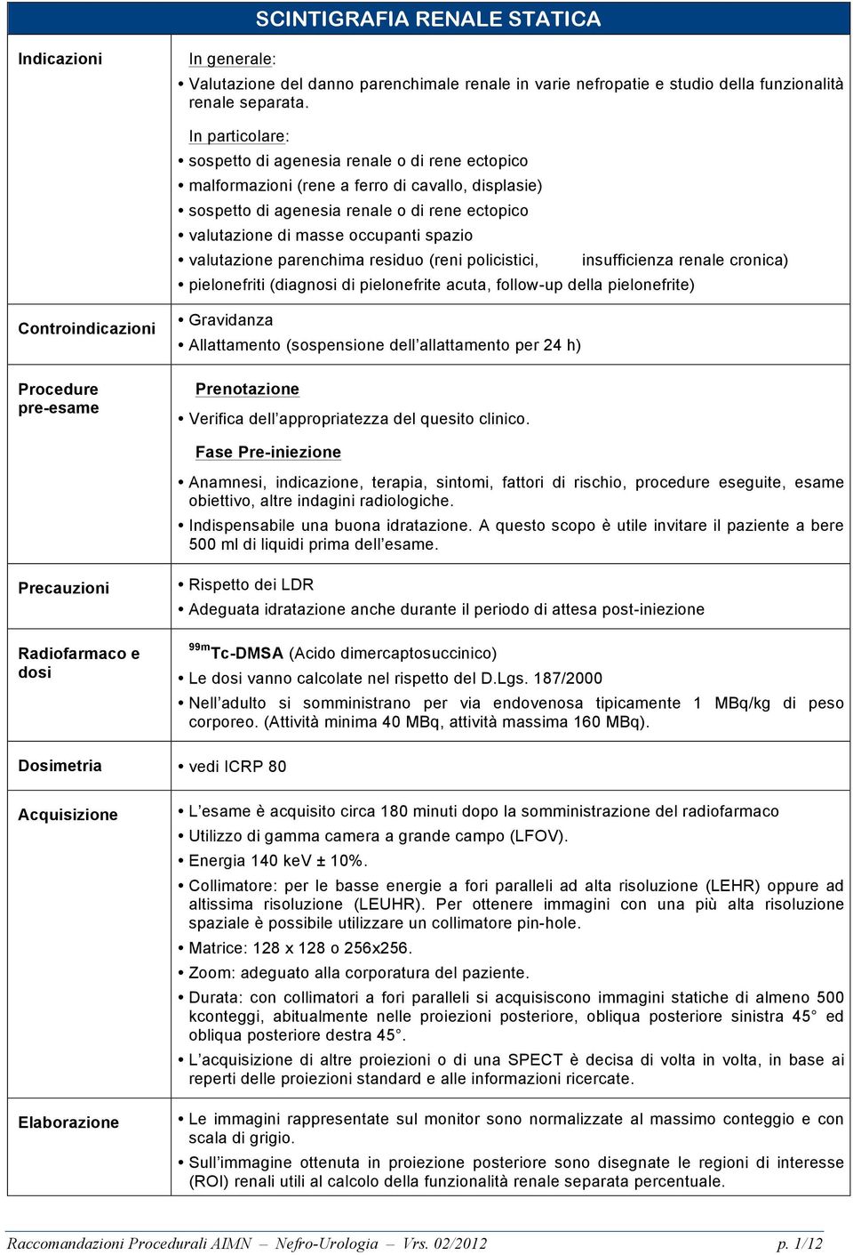 valutazione parenchima residuo (reni policistici, insufficienza renale cronica) pielonefriti (diagnosi di pielonefrite acuta, follow-up della pielonefrite) Controindicazioni Procedure pre-esame