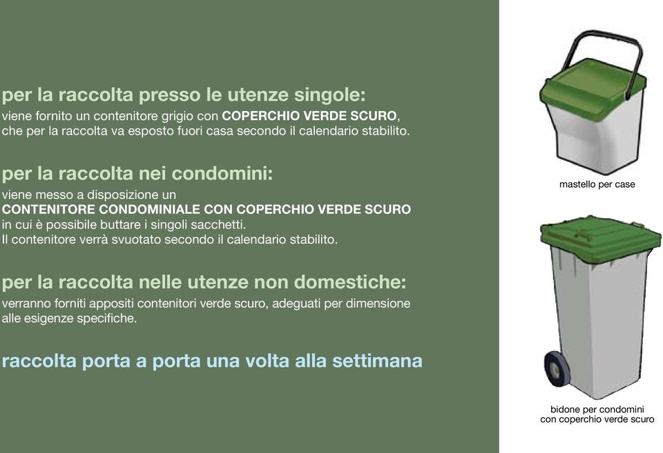 per la raccolta nei condomini: viene messo a disposizione un CONTENITORE CONDOMINIALE CON COPERCHIO VERDE SCURO in cui è possibile buttare i singoli sacchetti.