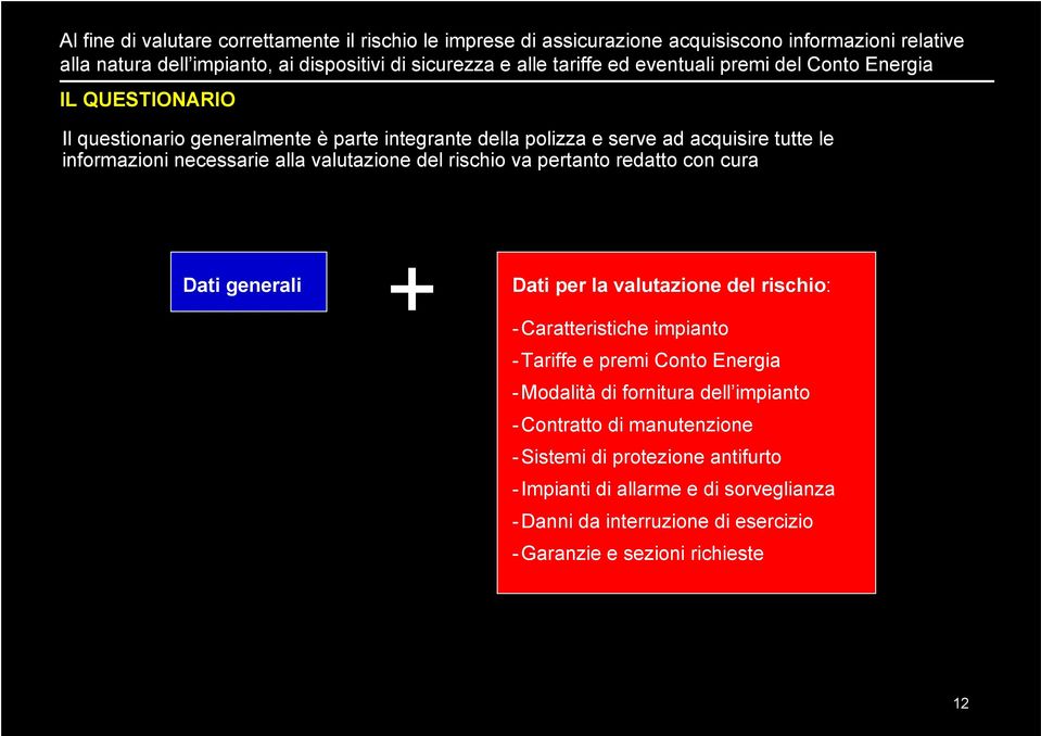 valutazione del rischio va pertanto redatto con cura Dati generali + Dati per la valutazione del rischio: - Caratteristiche impianto - Tariffe e premi Conto Energia - Modalità di