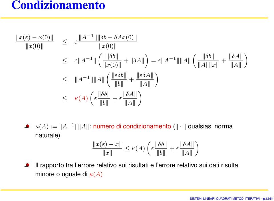 naturale) ( x(ε) x κ(a) ε δb x b + ε δa ) A Il rapporto tra l errore relativo sui risultati e l