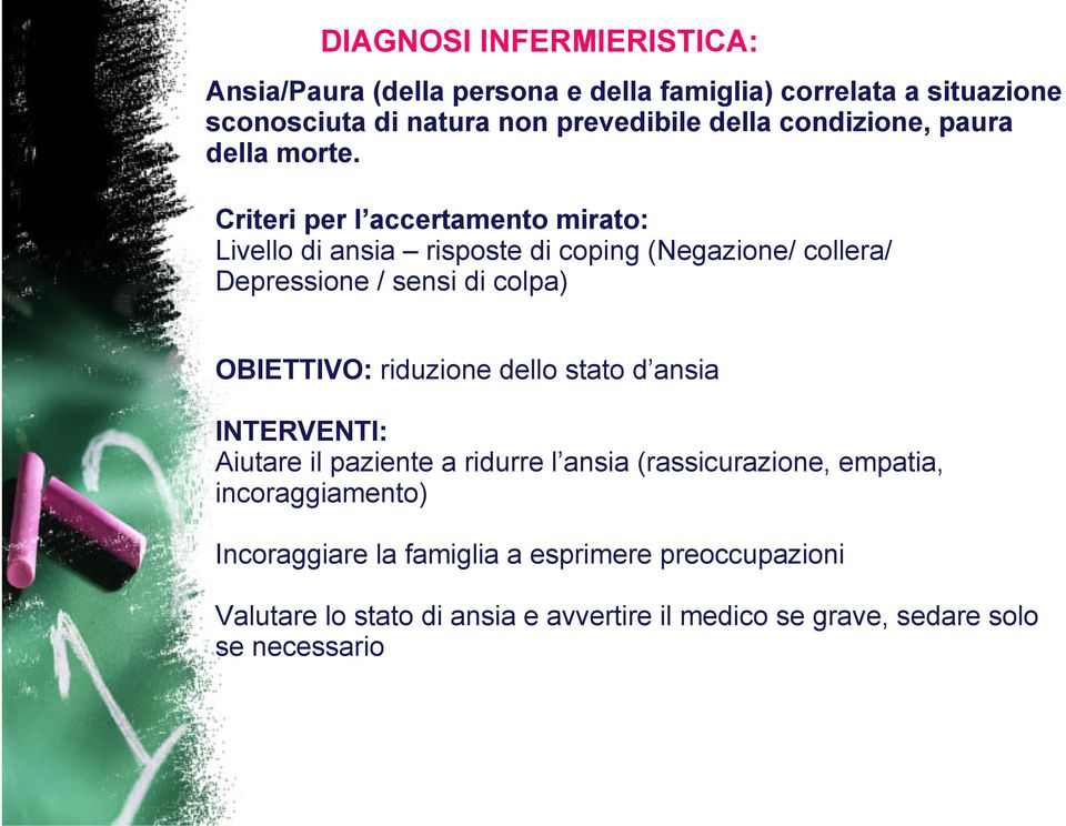 Criteri per l accertamento mirato: Livello di ansia risposte di coping (Negazione/ collera/ Depressione / sensi di colpa) OBIETTIVO: