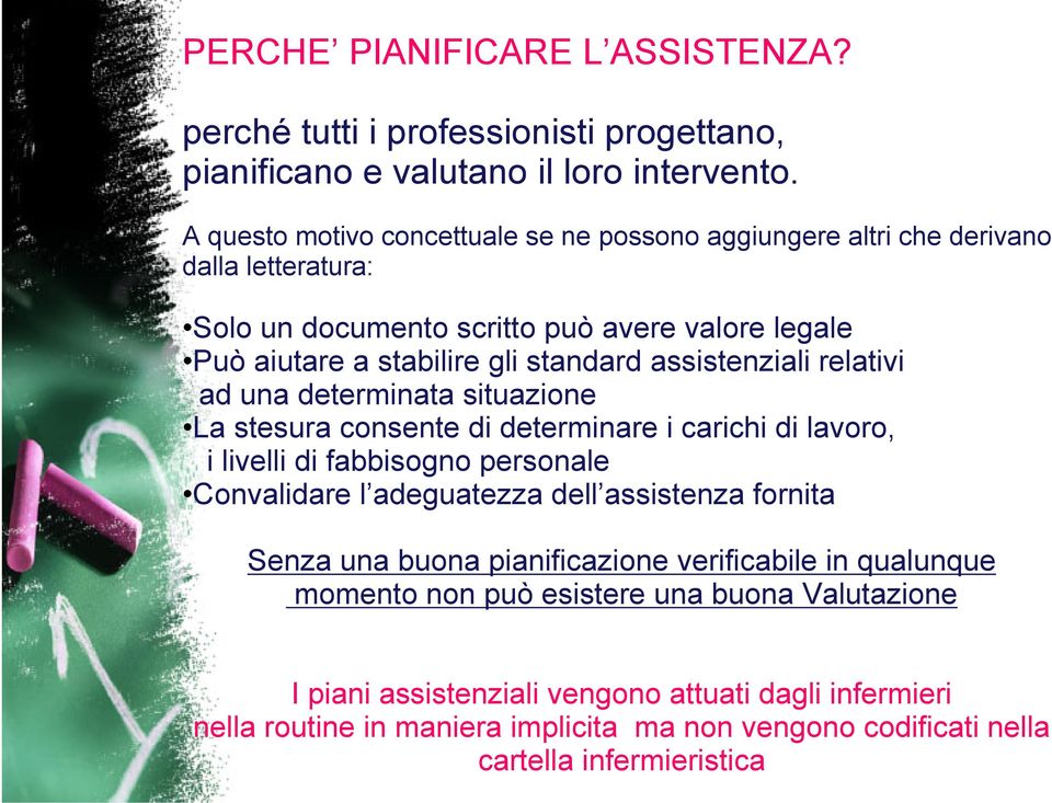 assistenziali relativi ad una determinata situazione La stesura consente di determinare i carichi di lavoro, i livelli di fabbisogno personale Convalidare l adeguatezza dell assistenza