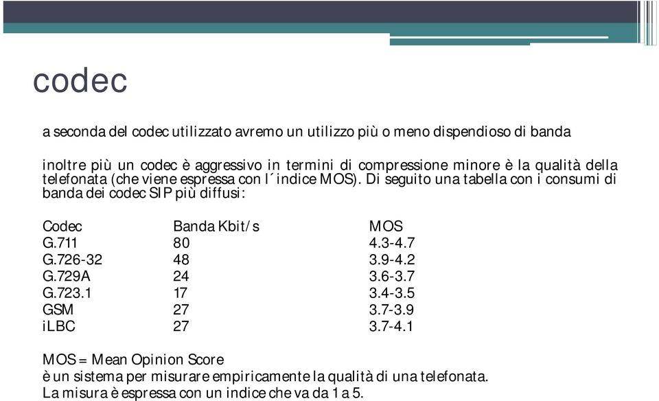 Di seguito una tabella con i consumi di banda dei codec SIP più diffusi: Codec Banda Kbit/s MOS G.711 80 4.3-4.7 G.726-32 48 3.9-4.2 G.