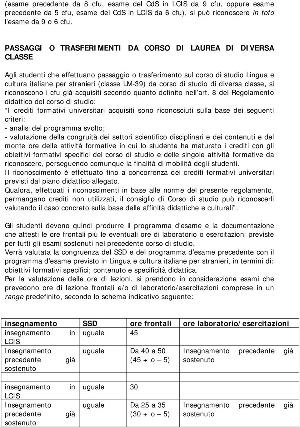 di studio di diversa classe, si riconoscono i cfu già acquisiti secondo quanto definito nell art.