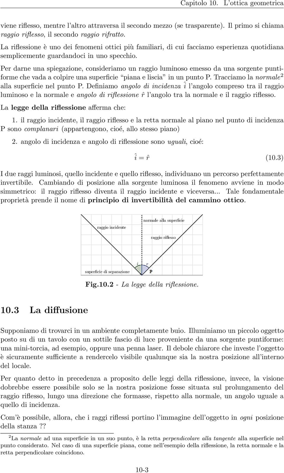 Per darne una spiegazione, consideriamo un raggio luminoso emesso da una sorgente puntiforme che vada a colpire una superficie piana e liscia in un punto P.