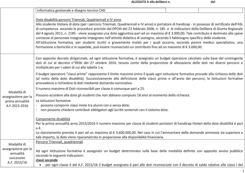 185 e le indicazioni della Delibera di Giunta Regionale del 4 agosto 2011, n. 2185 - viene assegnata una dote aggiuntiva pari ad un massimo di 3.000,00.