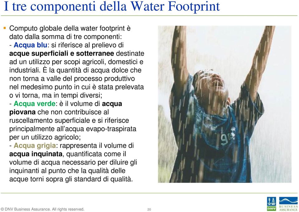 È la quantità di acqua dolce che non torna a valle del processo produttivo nel medesimo punto in cui è stata prelevata o vi torna, ma in tempi diversi; - Acqua verde: è il volume di acqua piovana che