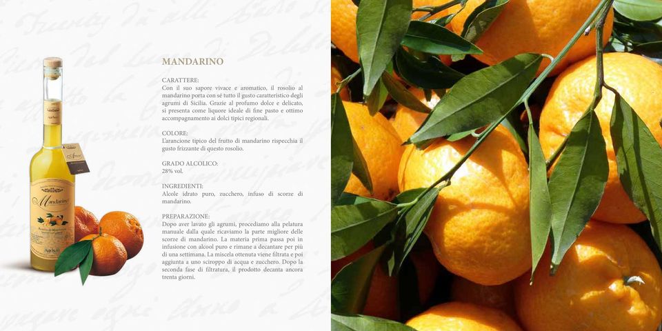 COLORE: L arancione tipico del frutto di mandarino rispecchia il gusto frizzante di questo rosolio. GRADO ALCOLICO: 28% vol. INGREDIENTI: Alcole idrato puro, zucchero, infuso di scorze di mandarino.