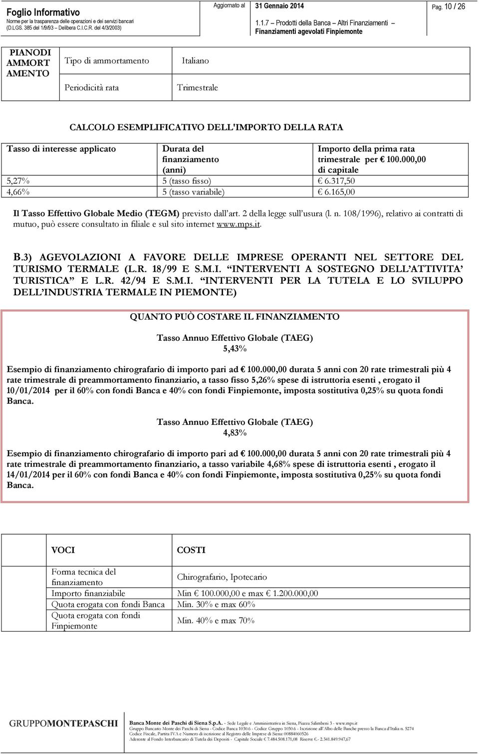 R. 42/94 E S.M.I. INTERVENTI PER LA TUTELA E LO SVILUPPO DELL INDUSTRIA TERMALE IN PIEMONTE) 5,43% Esempio di chirografario di importo pari ad 100.