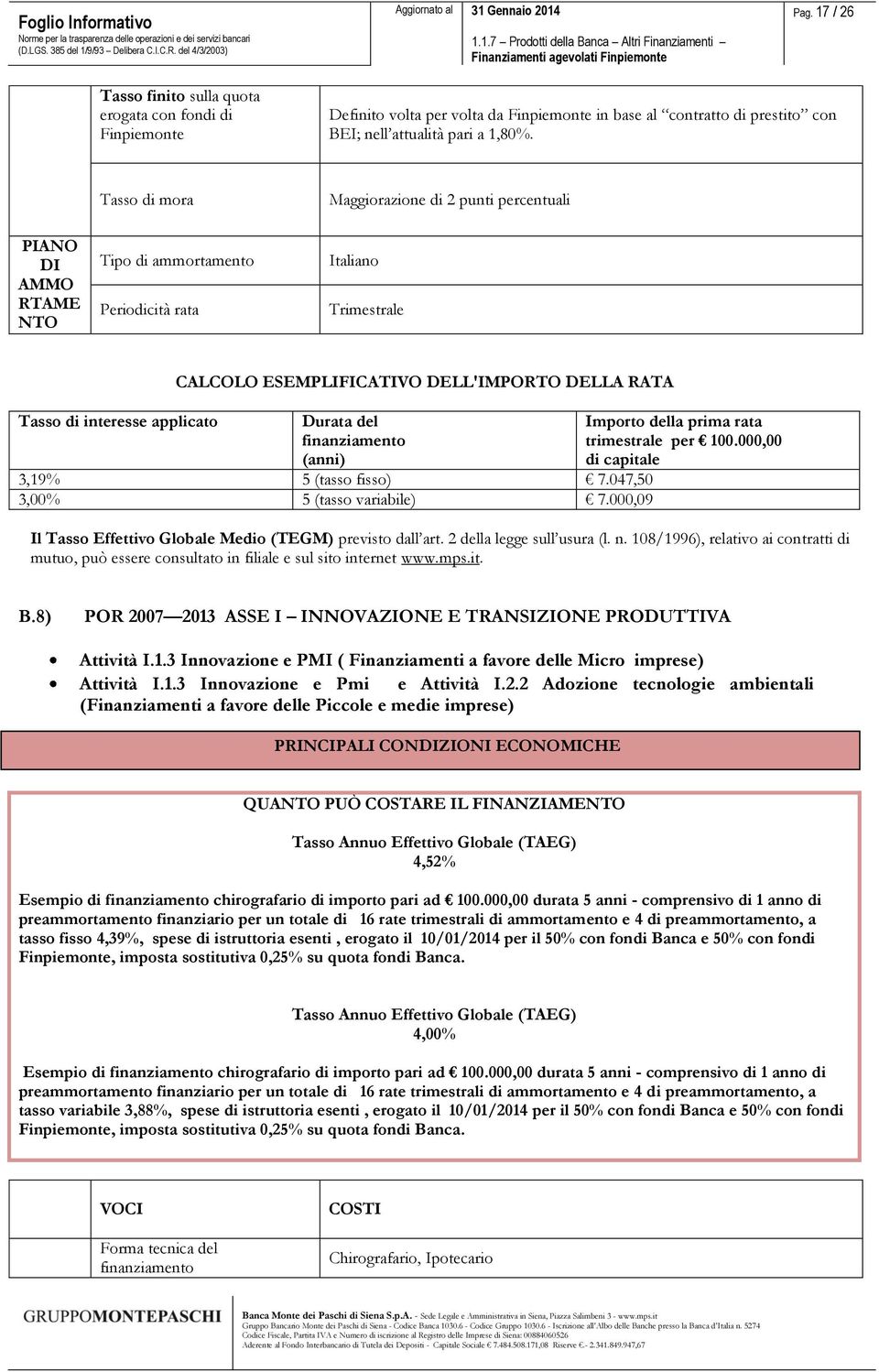 000,00 mutuo, può essere consultato in filiale e sul sito internet www.mps.it. B.8) POR 2007 2013 ASSE I INNOVAZIONE E TRANSIZIONE PRODUTTIVA Attività I.1.3 Innovazione e PMI ( Finanziamenti a favore delle Micro imprese) Attività I.