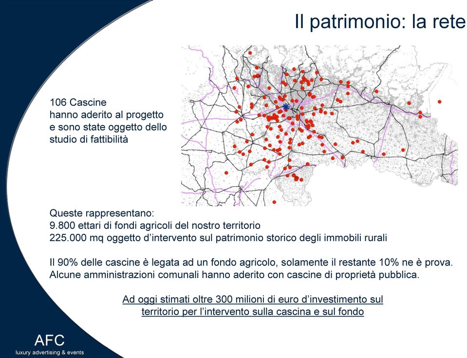 000 mq oggetto d intervento sul patrimonio storico degli immobili rurali Il 90% delle cascine è legata ad un fondo agricolo, solamente