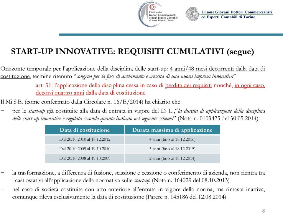 31: l applicazione della disciplina cessa in caso di perdita dei requisiti nonché, in ogni caso, decorsi quattro anni dalla data di costituzione Il Mi.S.E. (come confermato dalla Circolare n.