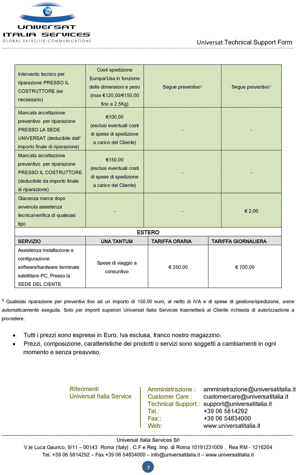 riparazione) Mancata accettazione 150,00 preventivo per riparazione (esclusi eventuali costi PRESSO IL COSTRUTTORE - - di spese di spedizione (deducibile da importo finale a carico del Cliente) di