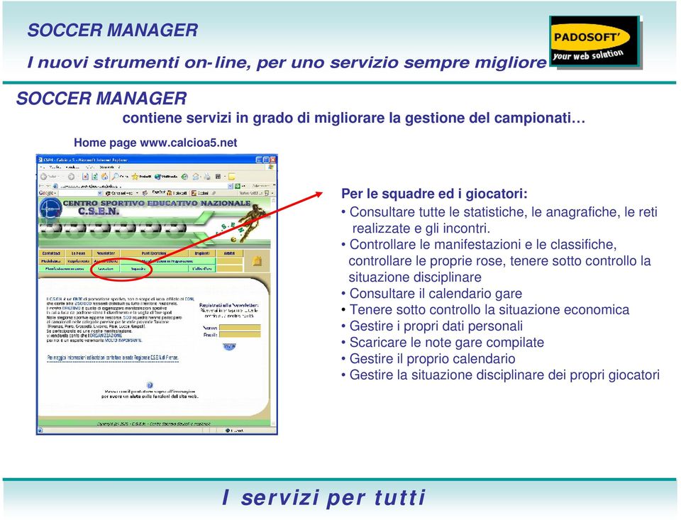 Controllare le manifestazioni e le classifiche, controllare le proprie rose, tenere sotto controllo la situazione disciplinare Consultare il calendario gare Tenere