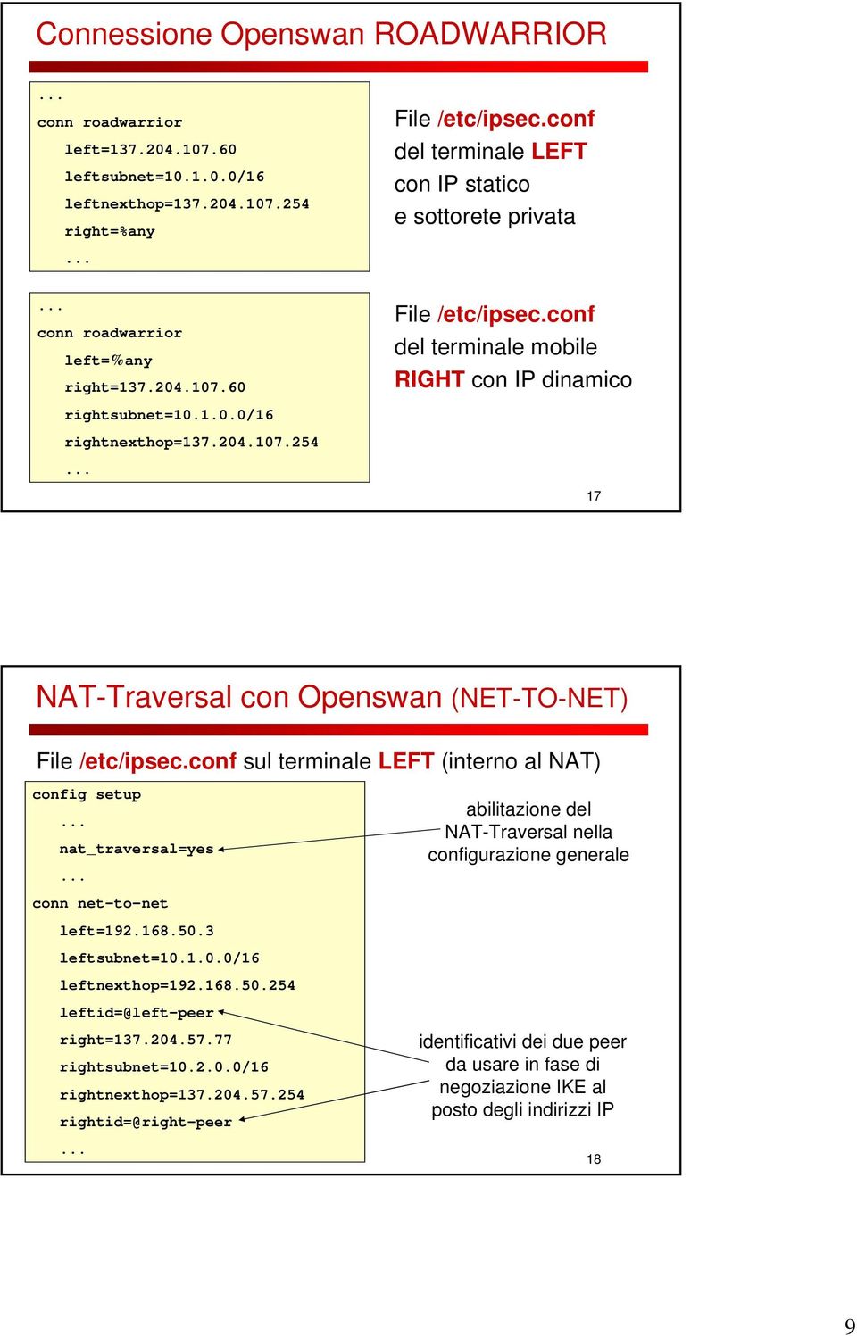 conf del terminale mobile RIGHT con IP dinamico 17 NAT-Traversal con Openswan (NET-TO-NET) File /etc/ipsec.