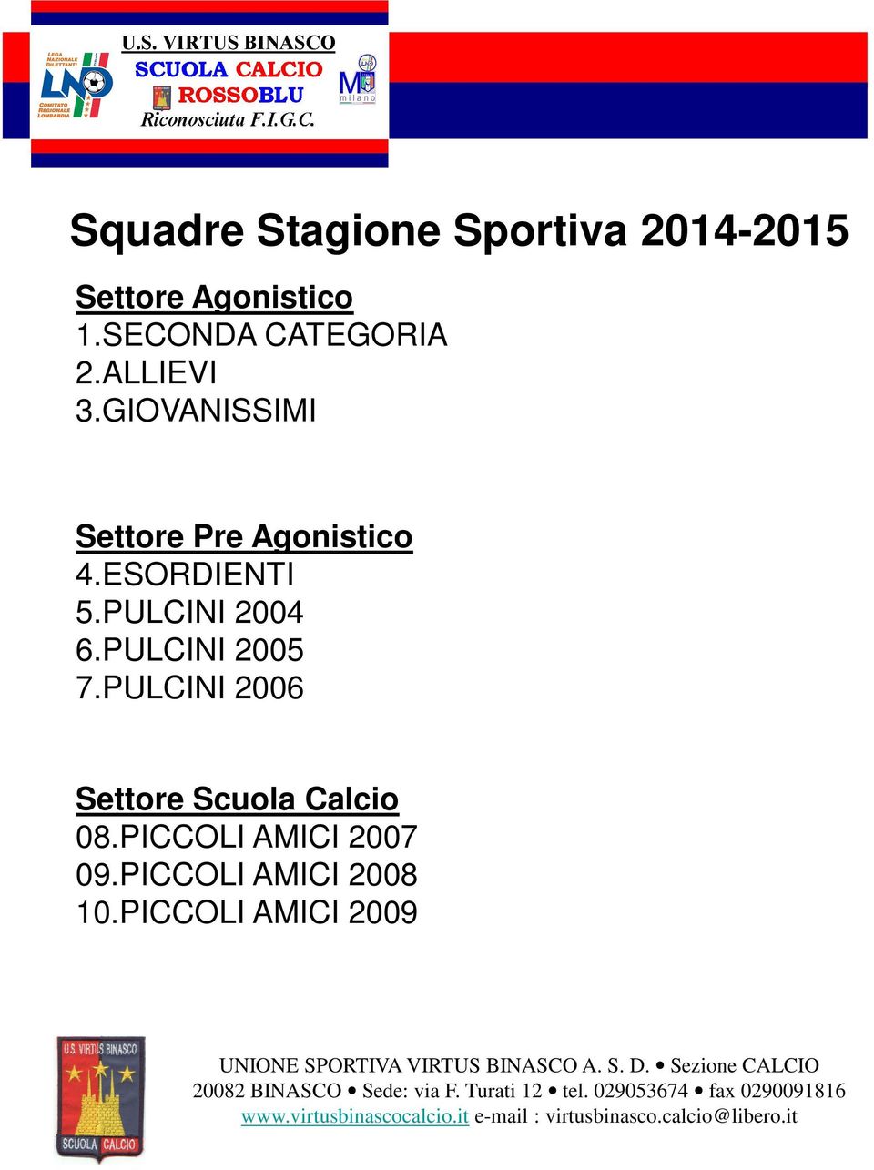 GIOVANISSIMI Settore Pre Agonistico 4.ESORDIENTI 5.PULCINI 2004 6.