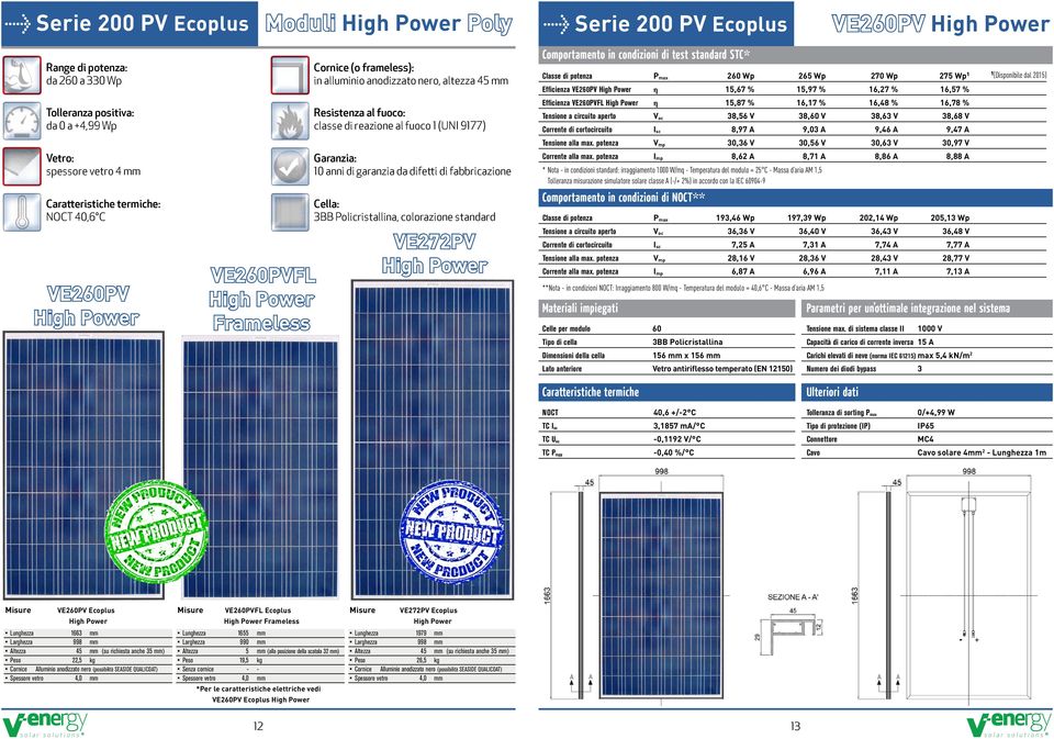 garanzia da difetti di fabbricazione Cella: 3BB Policristallina, colorazione standard VE272PV High Power Comportamento in condizioni di test standard STC* Classe di potenza P max 260 Wp 265 Wp 270 Wp