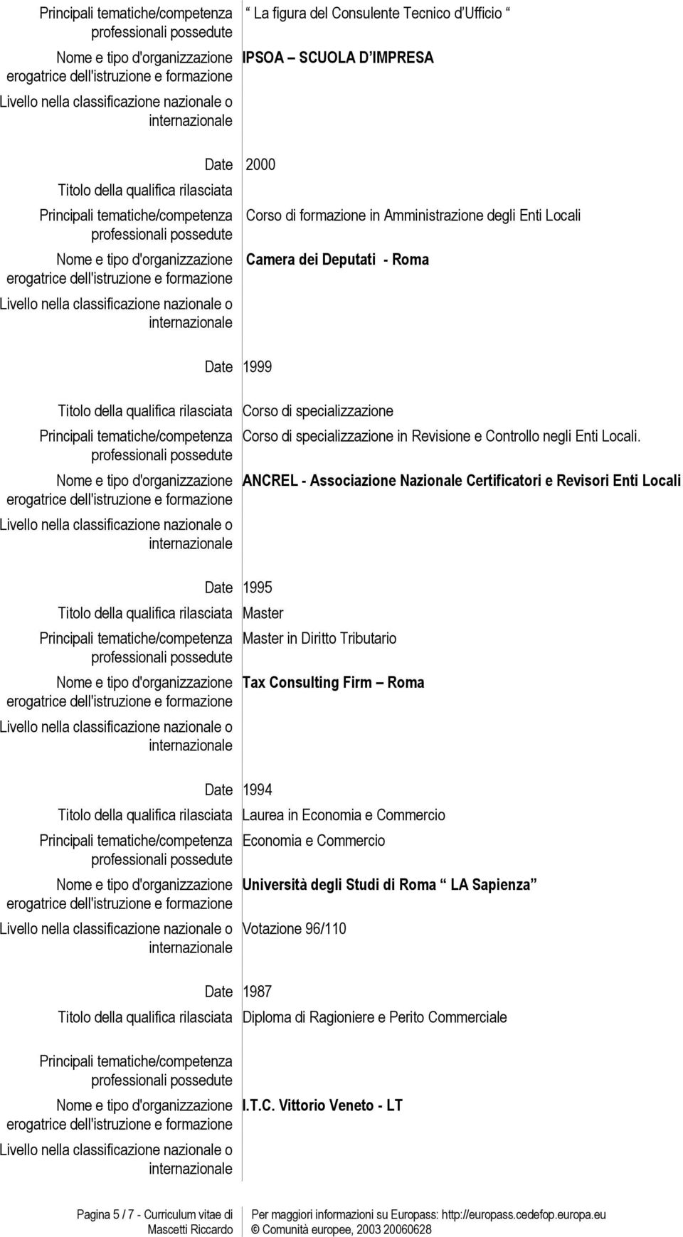 ANCREL - Associazione Nazionale Certificatori e Revisori Enti Locali Master in Diritto Tributario Tax Consulting Firm Roma Laurea in Economia e Commercio Date