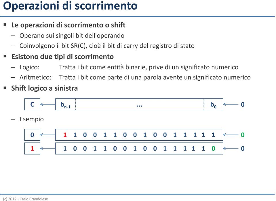 binarie, prive di un significato numerico Aritmetico: Tratta i bit come parte di una parola avente un significato