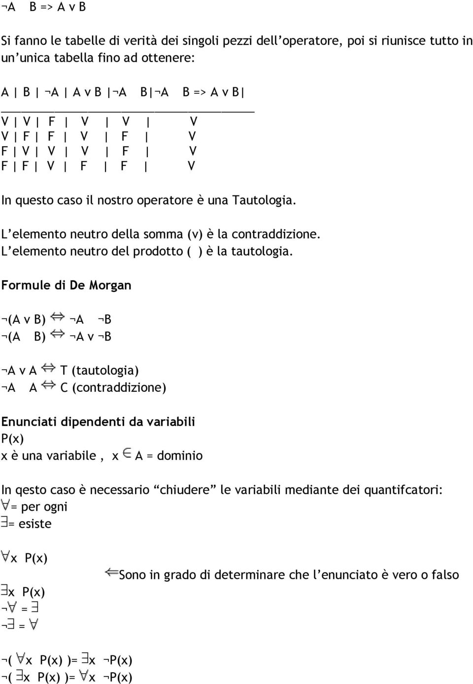 Formule di De Morgan (A v B) A B (A B) A v B A v A T (tautologia) A A C (contraddizione) Enunciati dipendenti da variabili P(x) x è una variabile, x A = dominio In qesto caso è