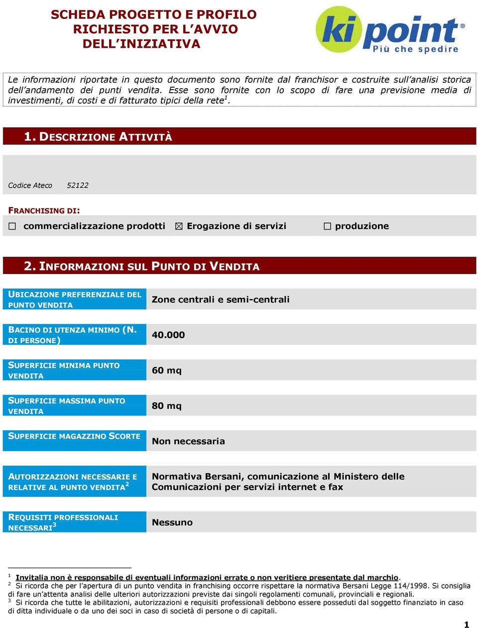 1. DESCRIZIONE ATTIVITÀ Codice Ateco 52122 FRANCHISING DI: commercializzazione prodotti Erogazione di servizi produzione 2.