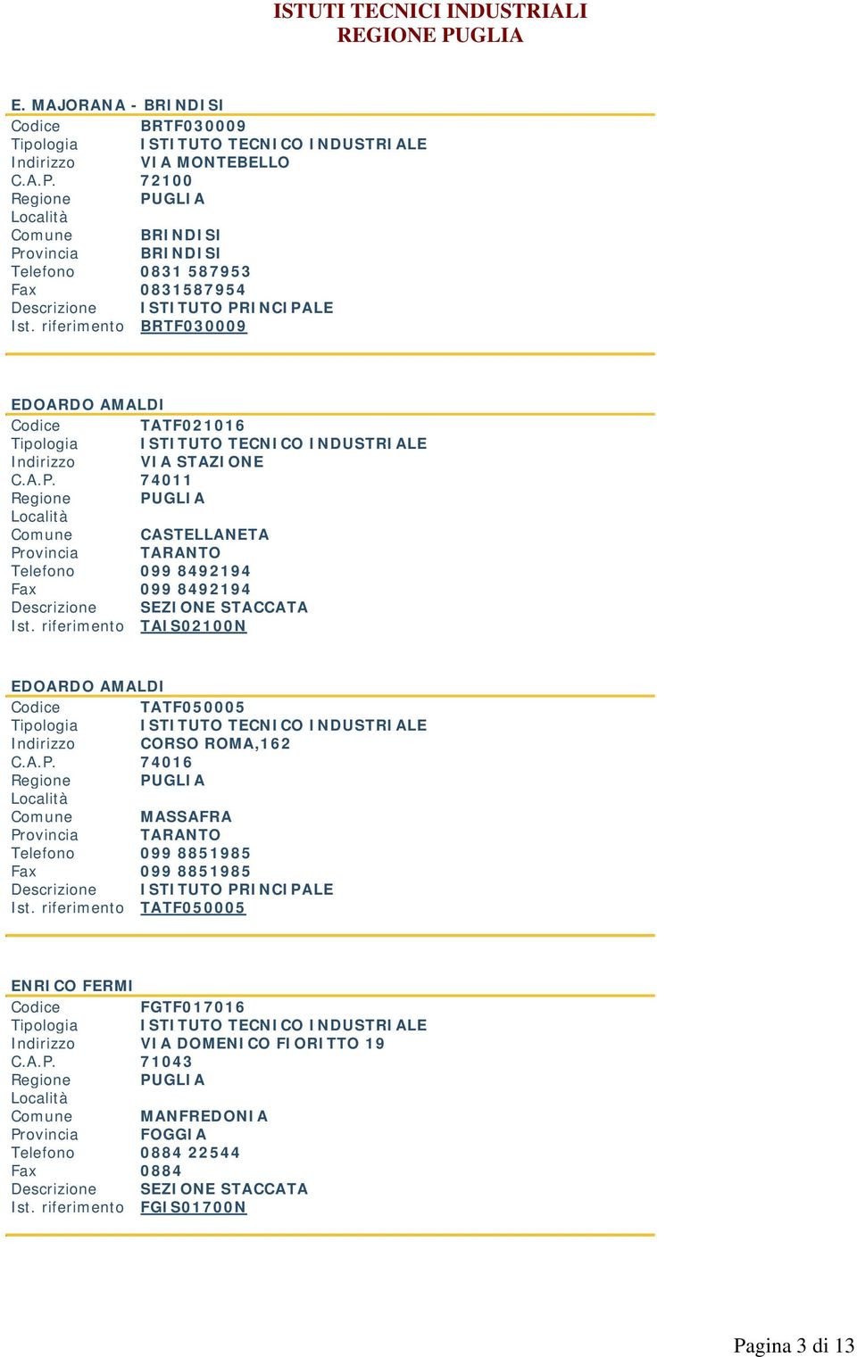 riferimento TAIS02100N EDOARDO AMALDI TATF050005 Indirizzo CORSO ROMA,162 C.A.P. 74016 Comune MASSAFRA Telefono 099 8851985 099 8851985 Ist.