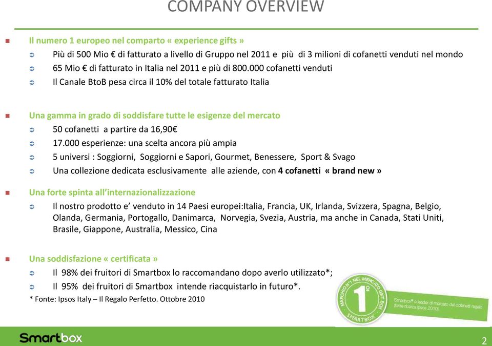 000 cofanetti venduti Il Canale BtoB pesa circa il 10% del totale fatturato Italia Una gamma in grado di soddisfare tutte le esigenze del mercato 50 cofanetti a partire da 16,90 17.