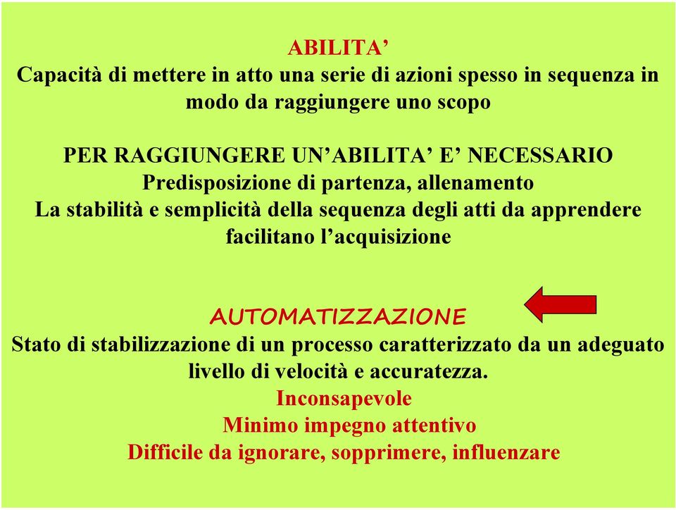 degli atti da apprendere facilitano l acquisizione AUTOMATIZZAZIONE Stato di stabilizzazione di un processo