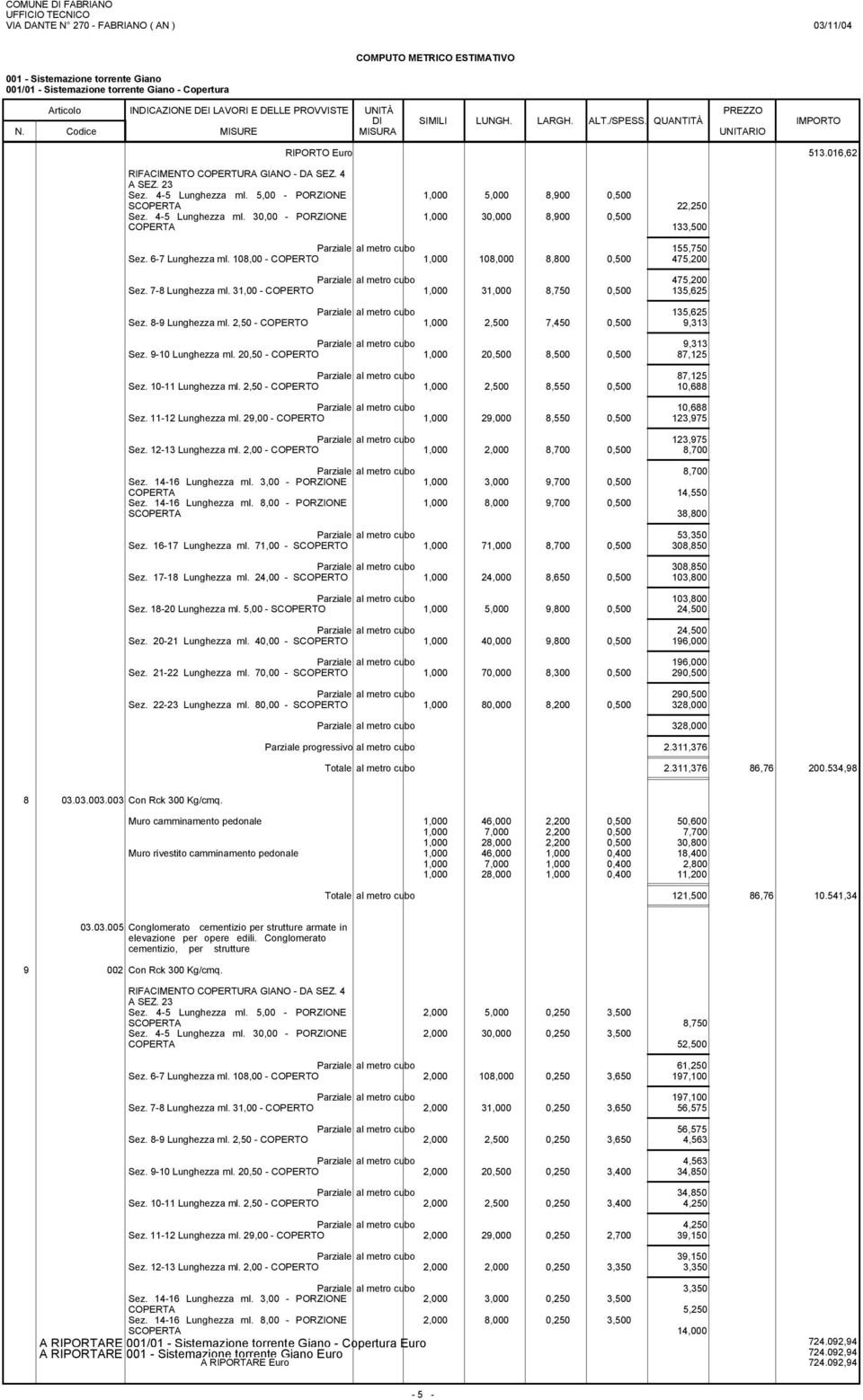 08,00 - COPERTO,000 08,000 8,800 0,500 475,200 475,200 Sez. 7-8 Lunghezza ml. 3,00 - COPERTO,000 3,000 8,750 0,500 35,625 35,625 Sez. 8-9 Lunghezza ml.