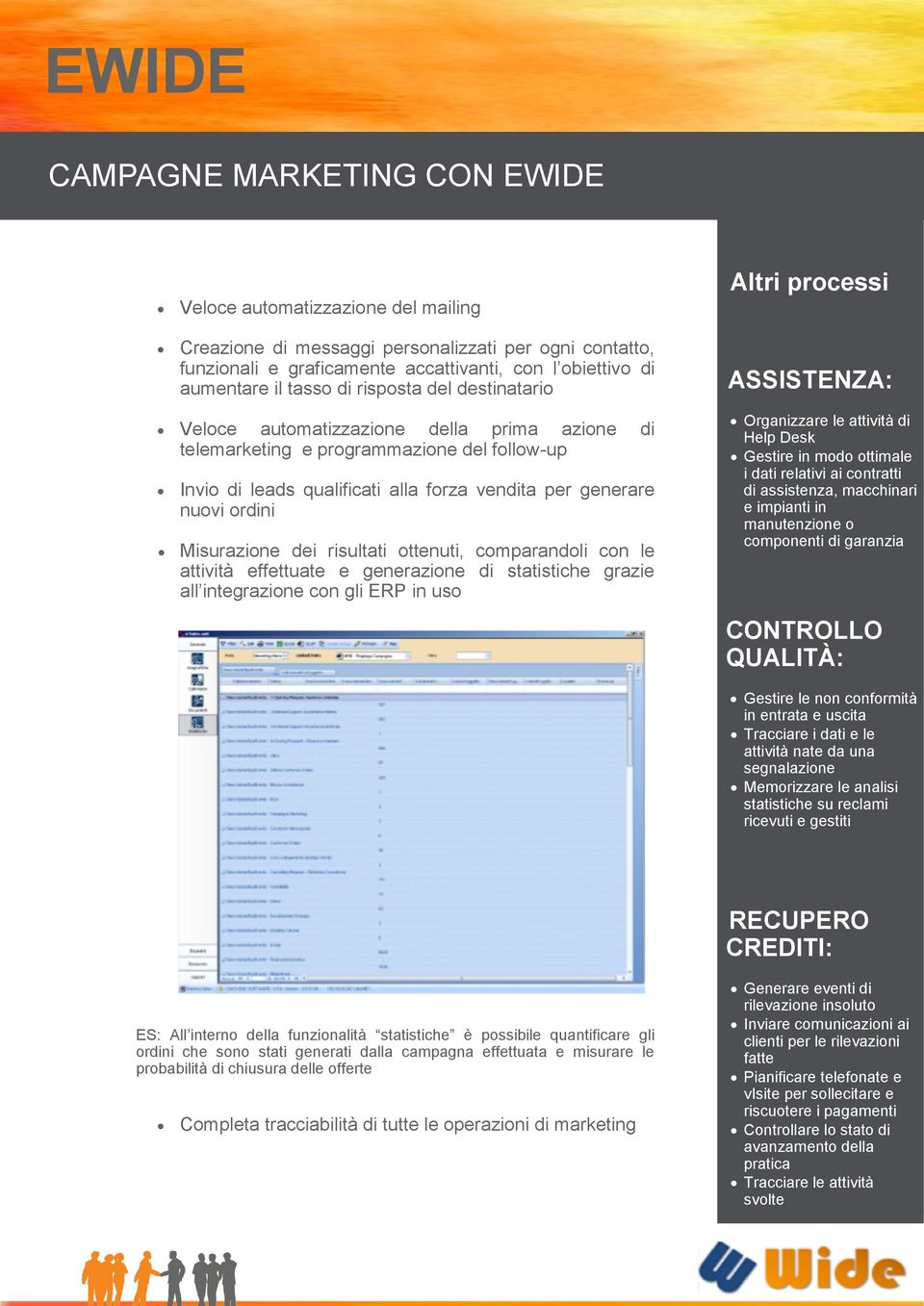 Misurazione dei risultati ottenuti, comparandoli con le attività effettuate e generazione di statistiche grazie all integrazione con gli ERP in uso Altri processi ASSISTENZA: Organizzare le attività