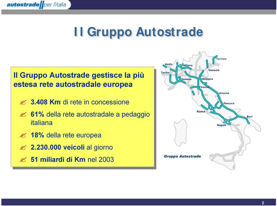 408 Km Kmdi di rete rete in in concessione 61% 61% della della rete rete autostradale a