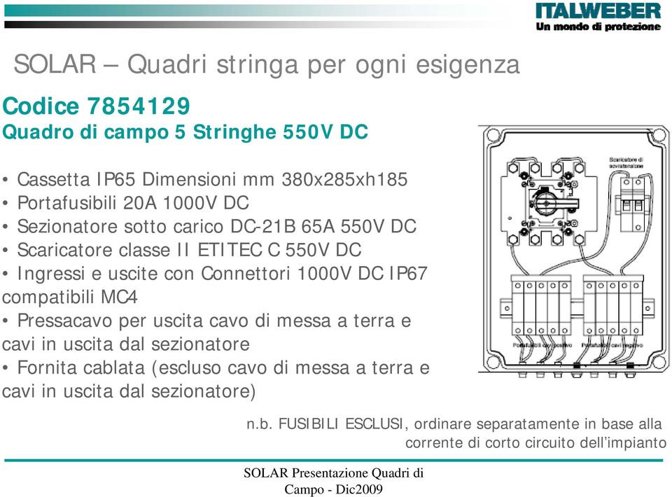 C 550V DC e cavi in uscita dal sezionatore Fornita cablata