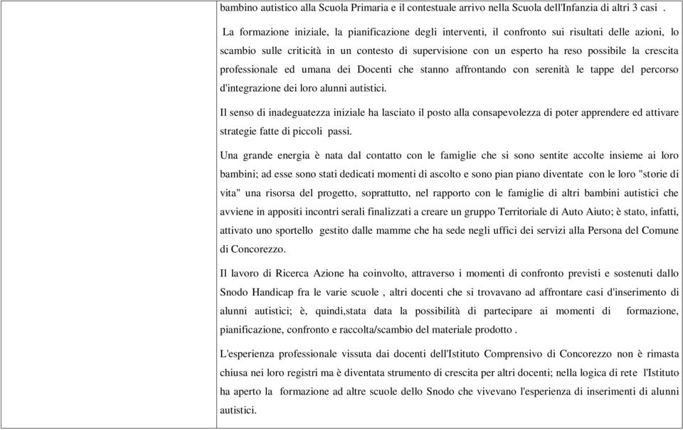 crescita professionale ed umana dei Docenti che stanno affrontando con serenità le tappe del percorso d'integrazione dei loro alunni autistici.