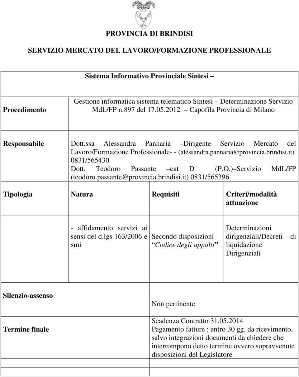 passante@provincia.brindisi.it) 0831/565396 /modalità attuazione - affidamento servizi ai sensi del d.