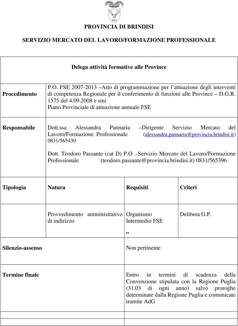 brindisi.it) Dott. Teodoro Passante (cat D) P.O.-Servizio Mercato del Lavoro/Formazione Professionale (teodoro.passante@provincia.brindisi.it) 0831/565396 Provvedimento amministrativo di indirizzo Organismo Intermedio FSE Delibera G.