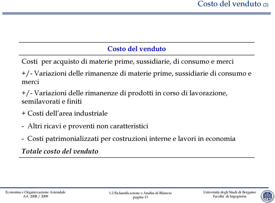 prodotti in corso di lavorazione, semilavorati e finiti + Costi dell area industriale - Altri ricavi e proventi