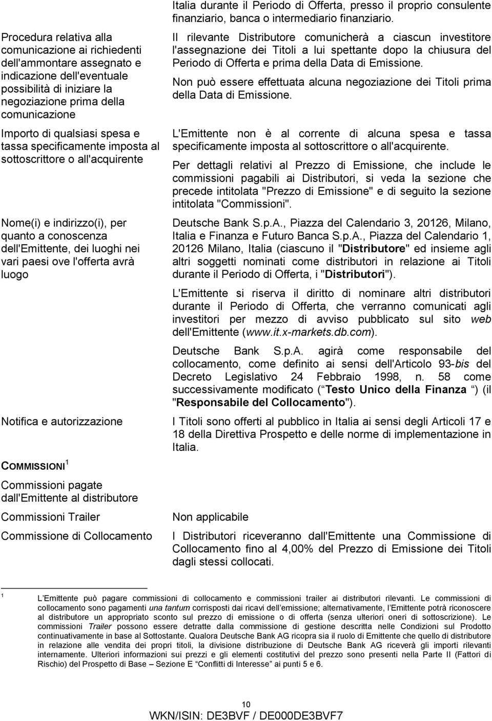 autorizzazione COMMISSIONI 1 Commissioni pagate dall'emittente al distributore Commissioni Trailer Commissione di Collocamento Italia durante il Periodo di Offerta, presso il proprio consulente