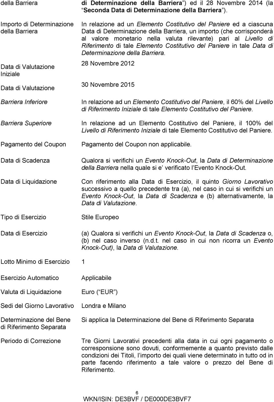 In relazione ad un Elemento Costitutivo del Paniere ed a ciascuna Data di Determinazione della Barriera, un importo (che corrisponderà al valore monetario nella valuta rilevante) pari al Livello di