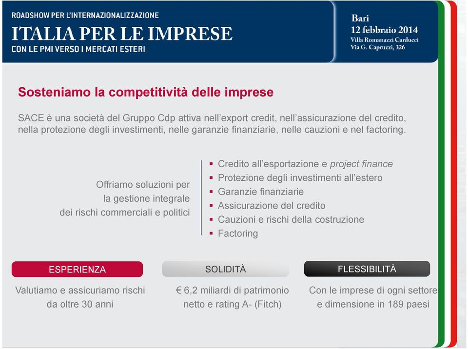 Offriamo soluzioni per la gestione integrale dei rischi commerciali e politici Credito all esportazione e project finance Protezione degli investimenti all estero