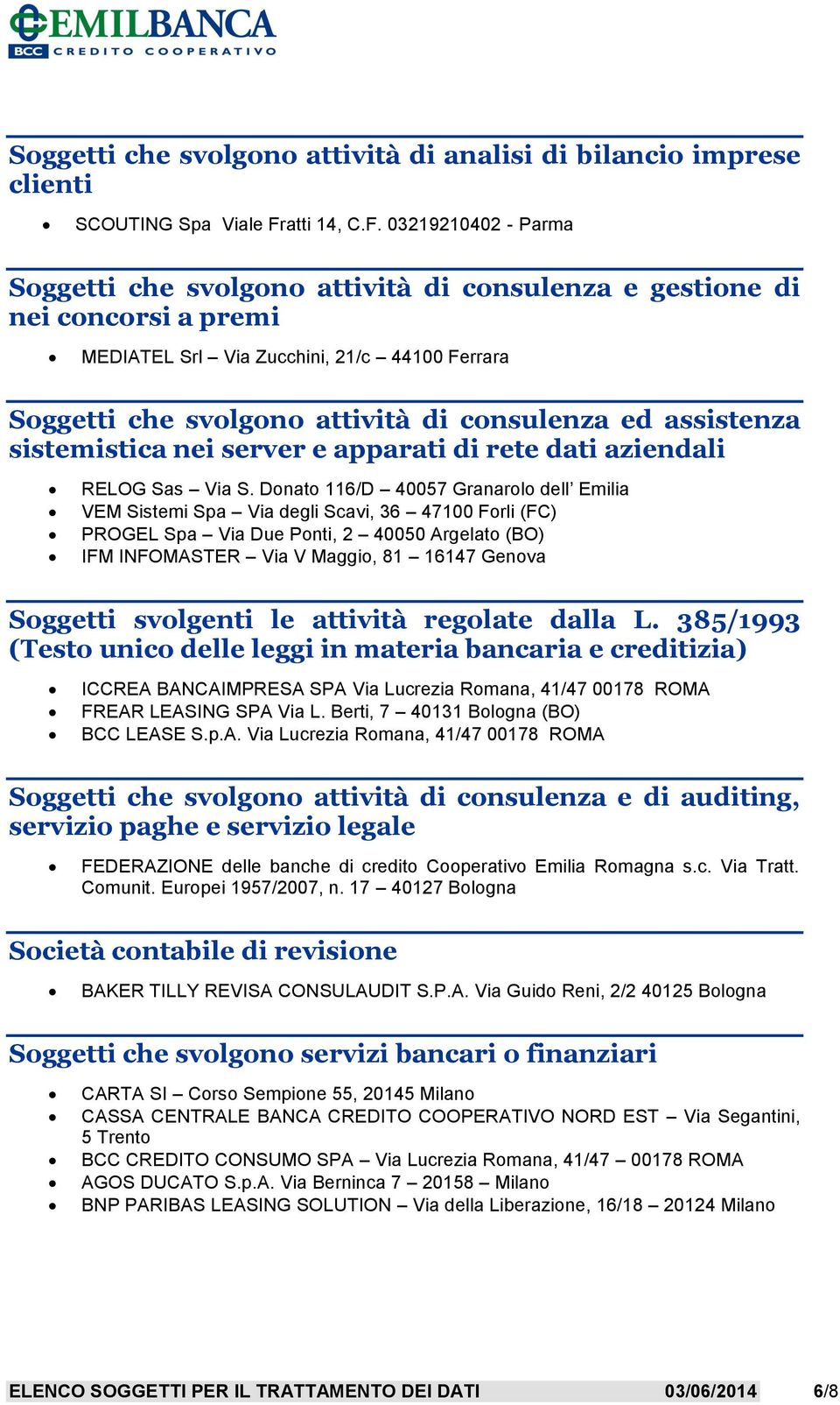 03219210402 - Parma Soggetti che svolgono attività di consulenza e gestione di nei concorsi a premi MEDIATEL Srl Via Zucchini, 21/c 44100 Ferrara Soggetti che svolgono attività di consulenza ed